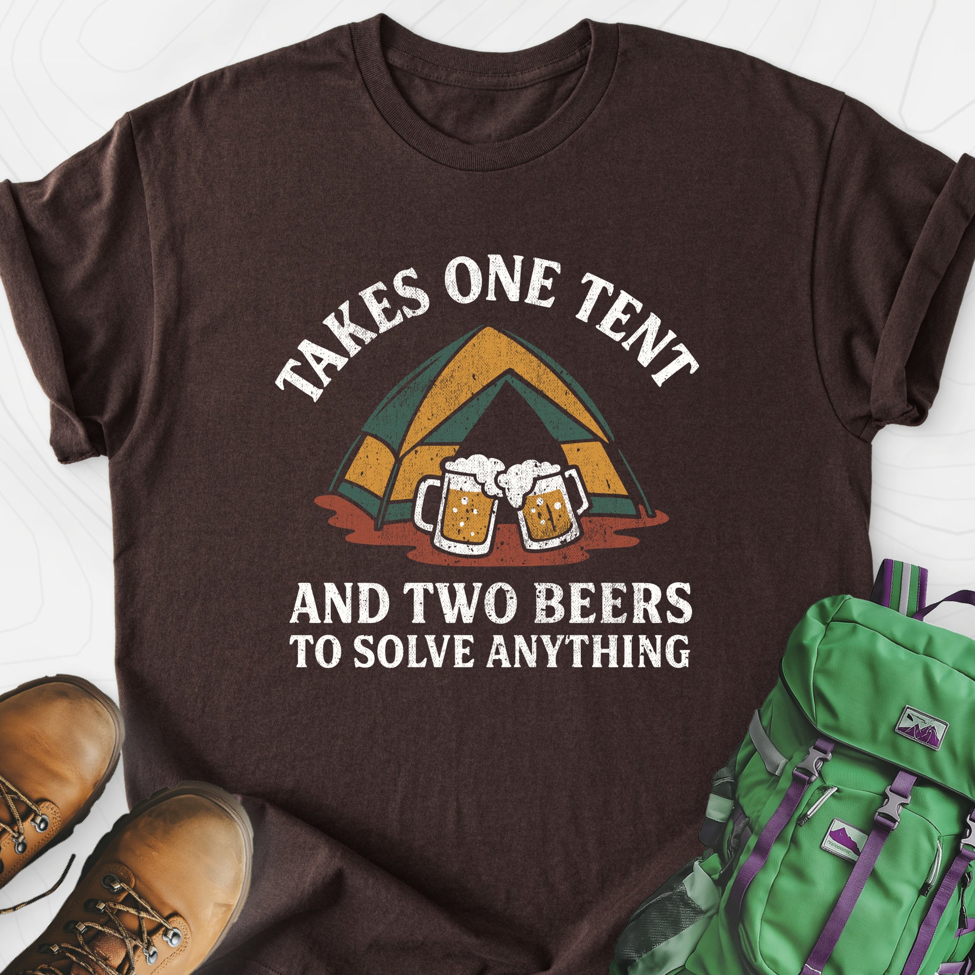 One Tent, Two Beers Dark Chocolate front print lightweight T-shirt