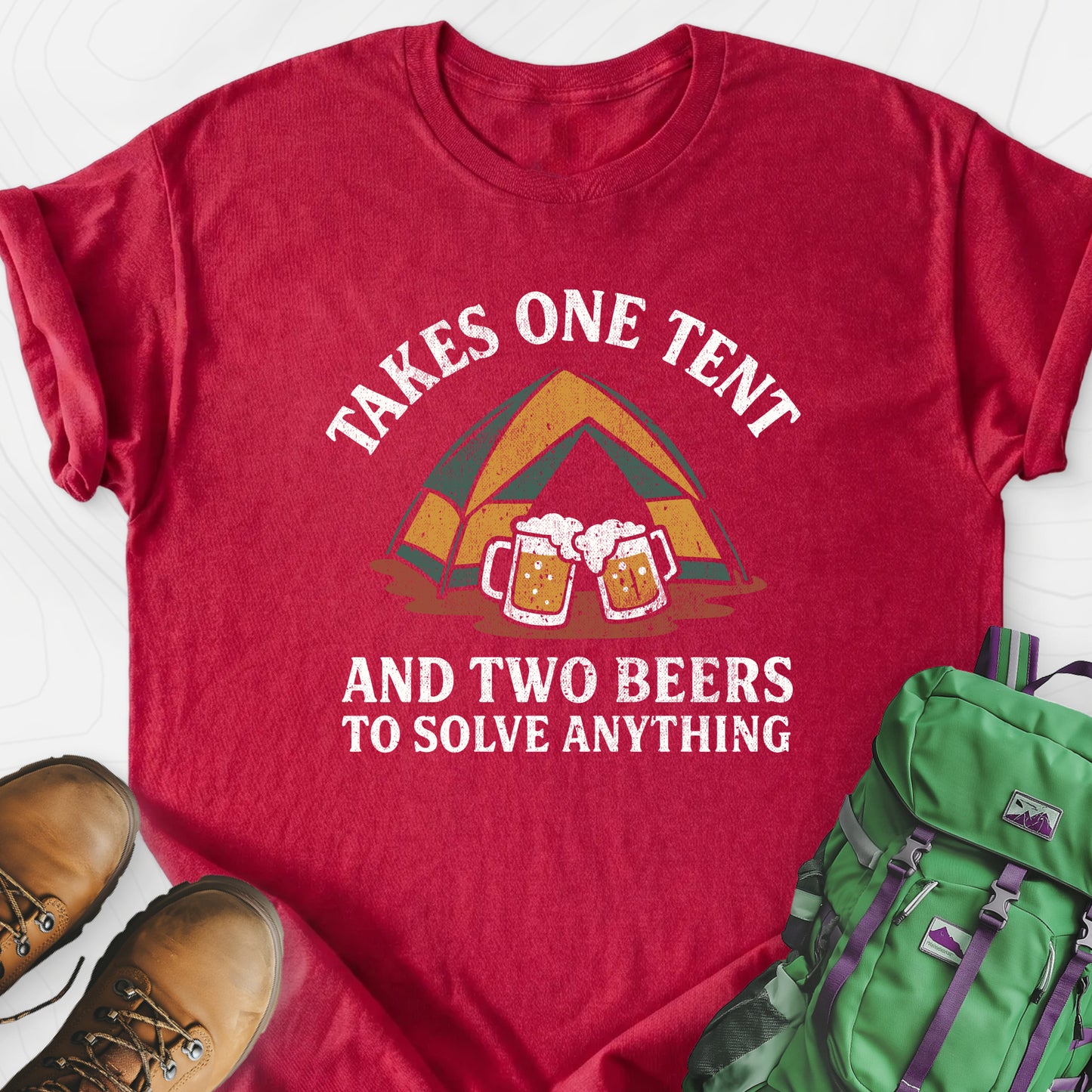 One Tent, Two Beers Heather Red front print lightweight T-shirt