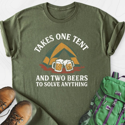 One Tent, Two Beers Military Green front print lightweight T-shirt
