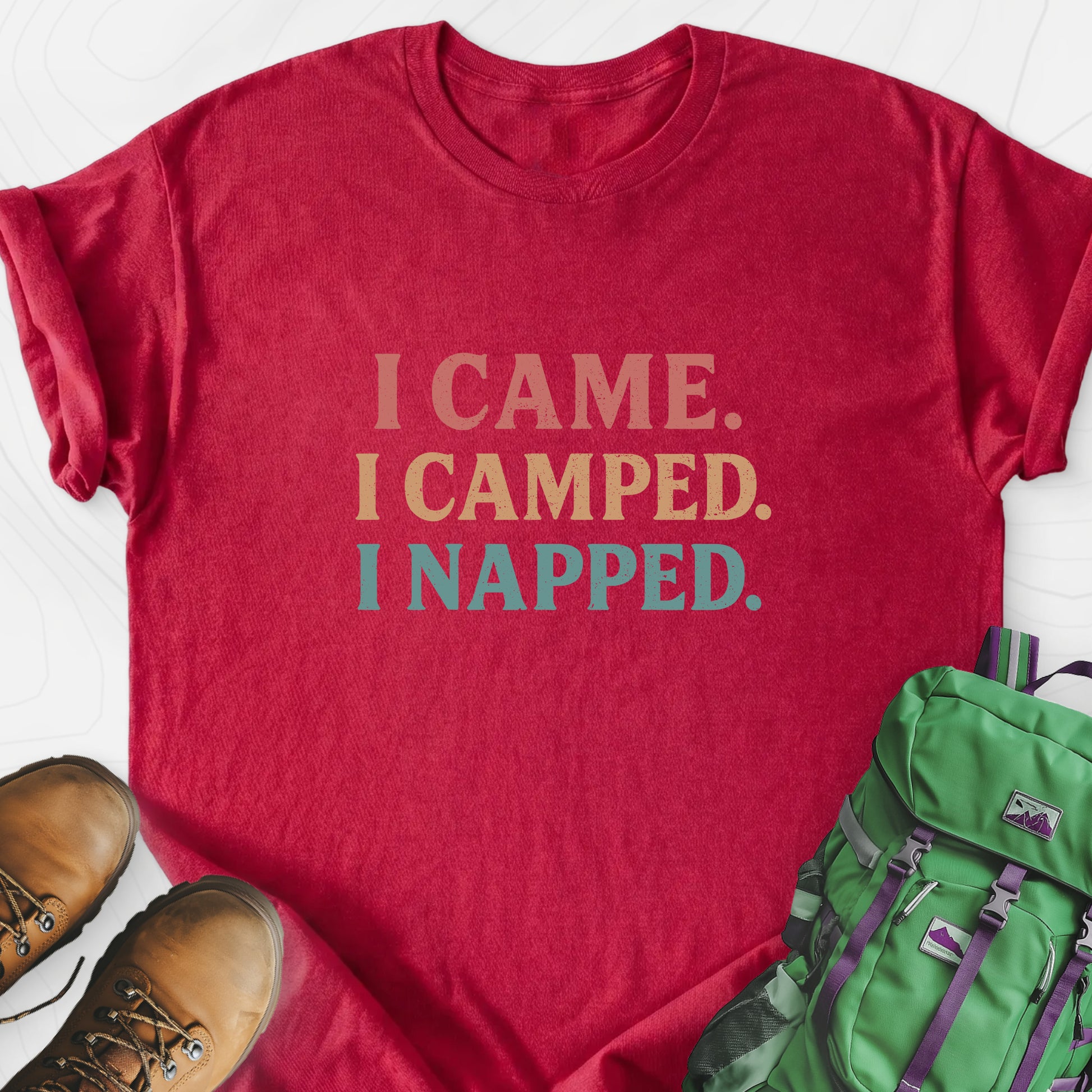 I Came, I Camped, I Napped Heather Red front print lightweight T-shirt