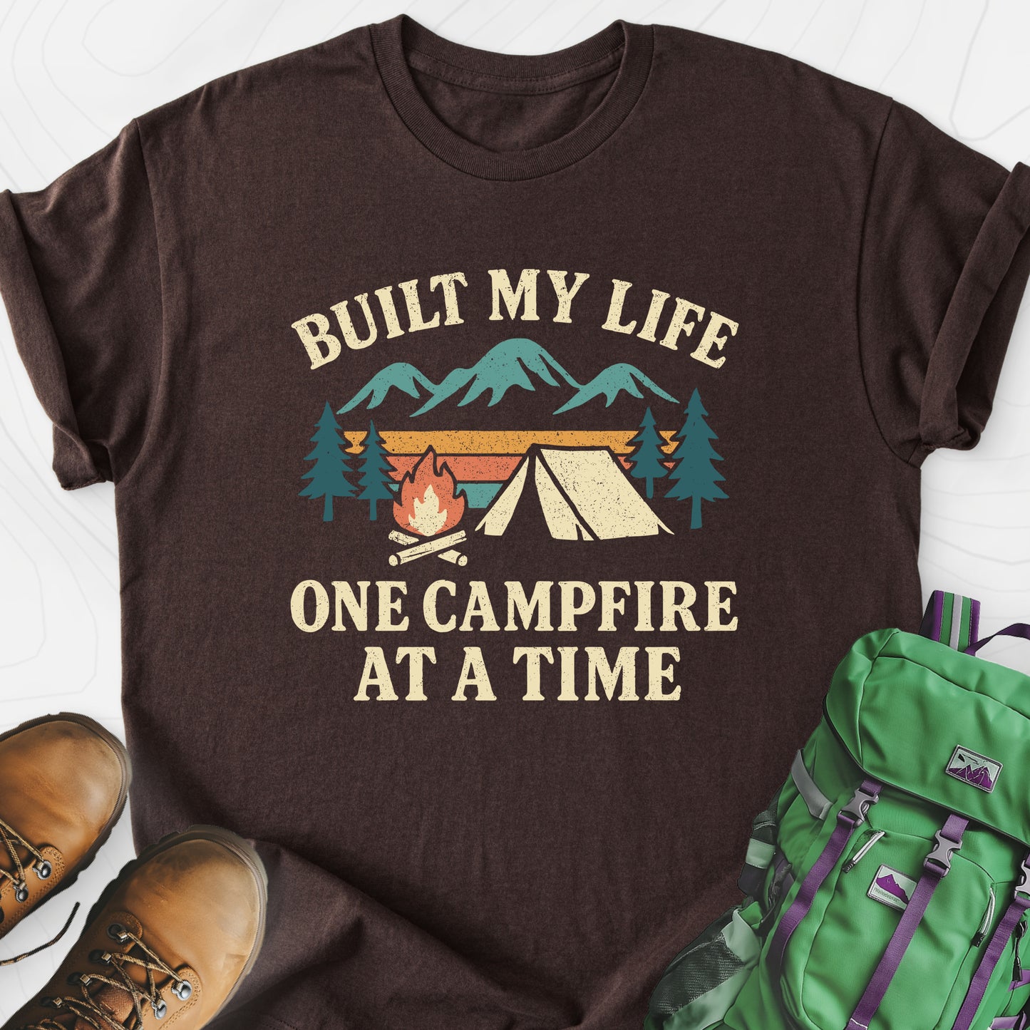 One Campfire at a Time Dark Chocolate front print lightweight T-shirt