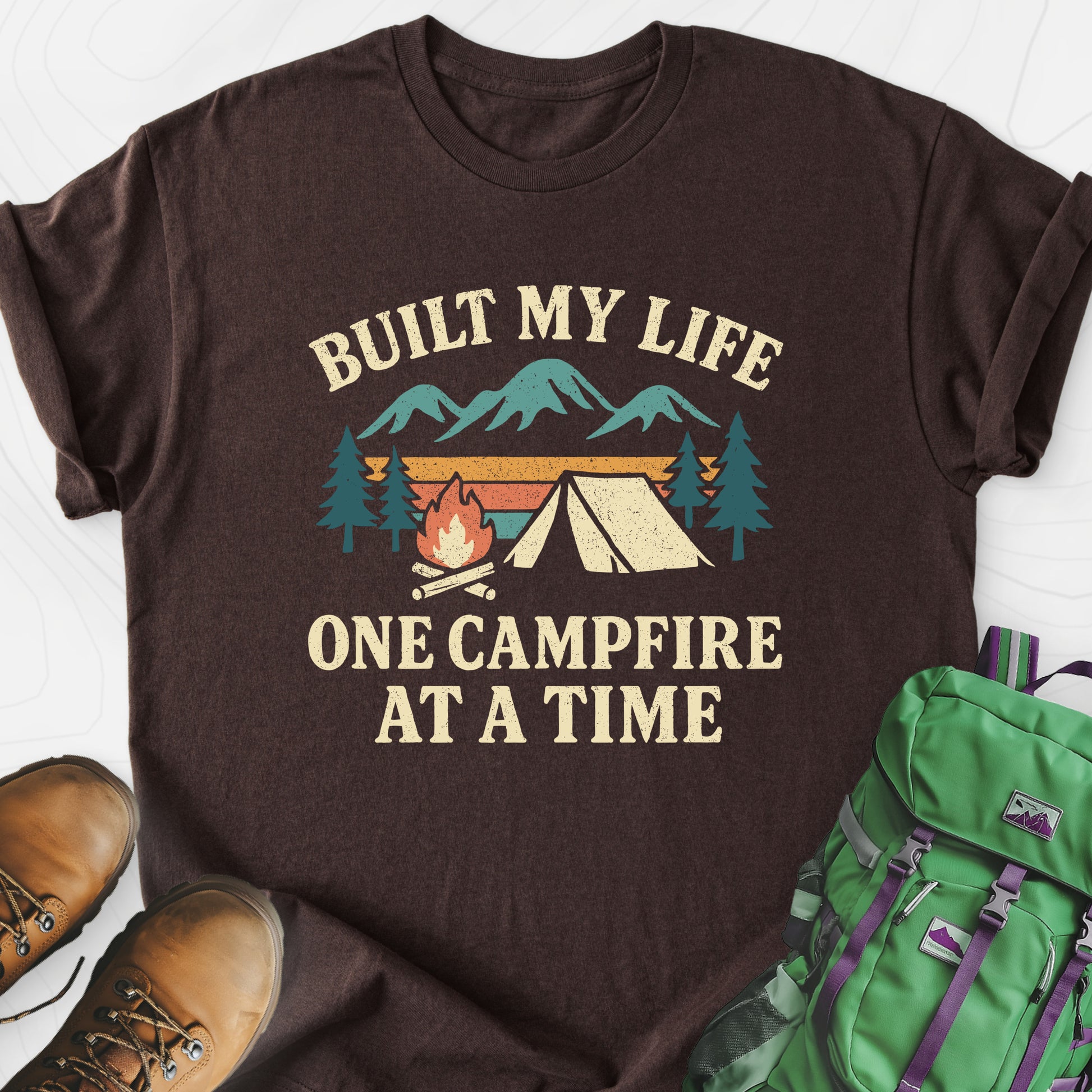 One Campfire at a Time Dark Chocolate front print lightweight T-shirt