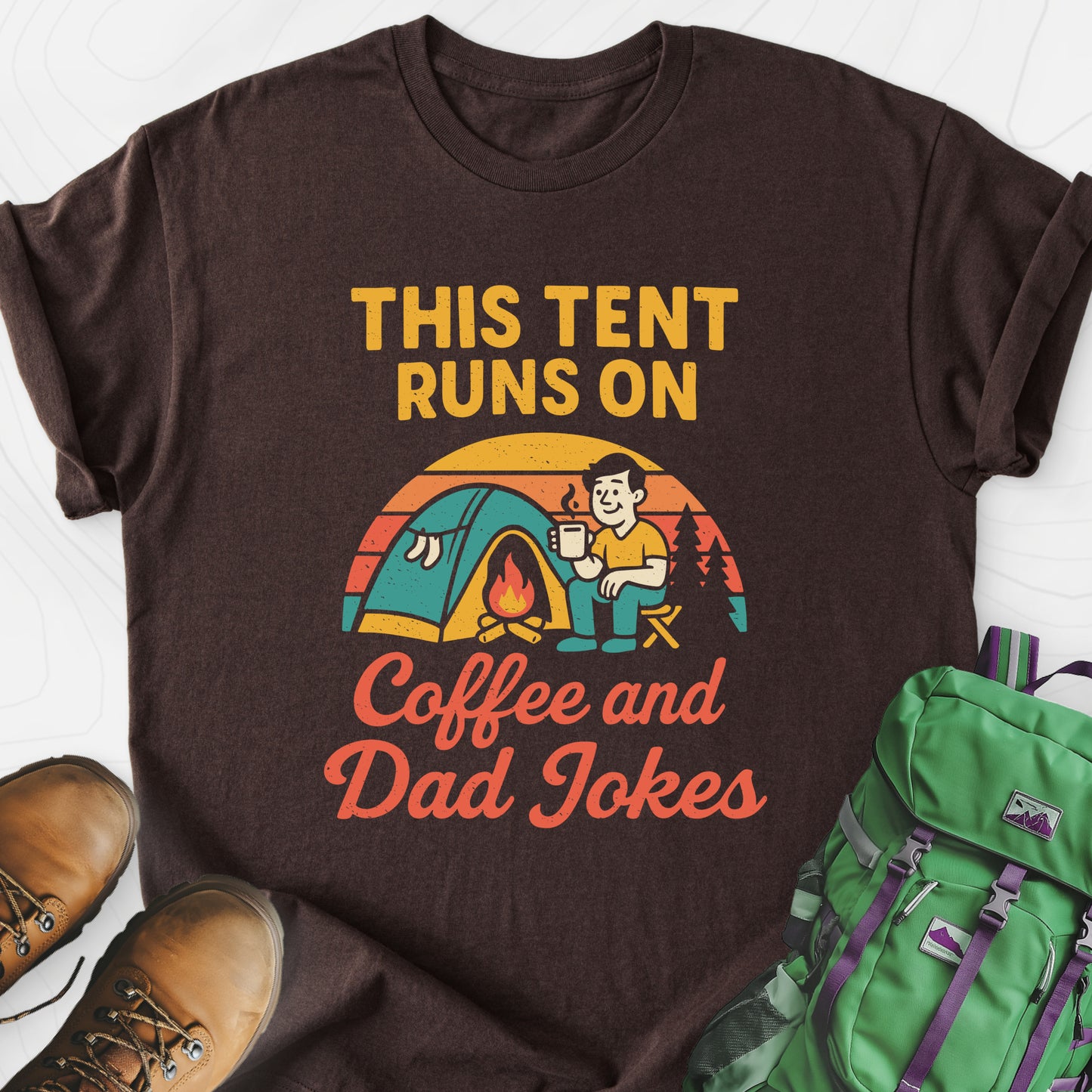 This Tent Runs on Dad Jokes Dark Chocolate front print lightweight T-shirt