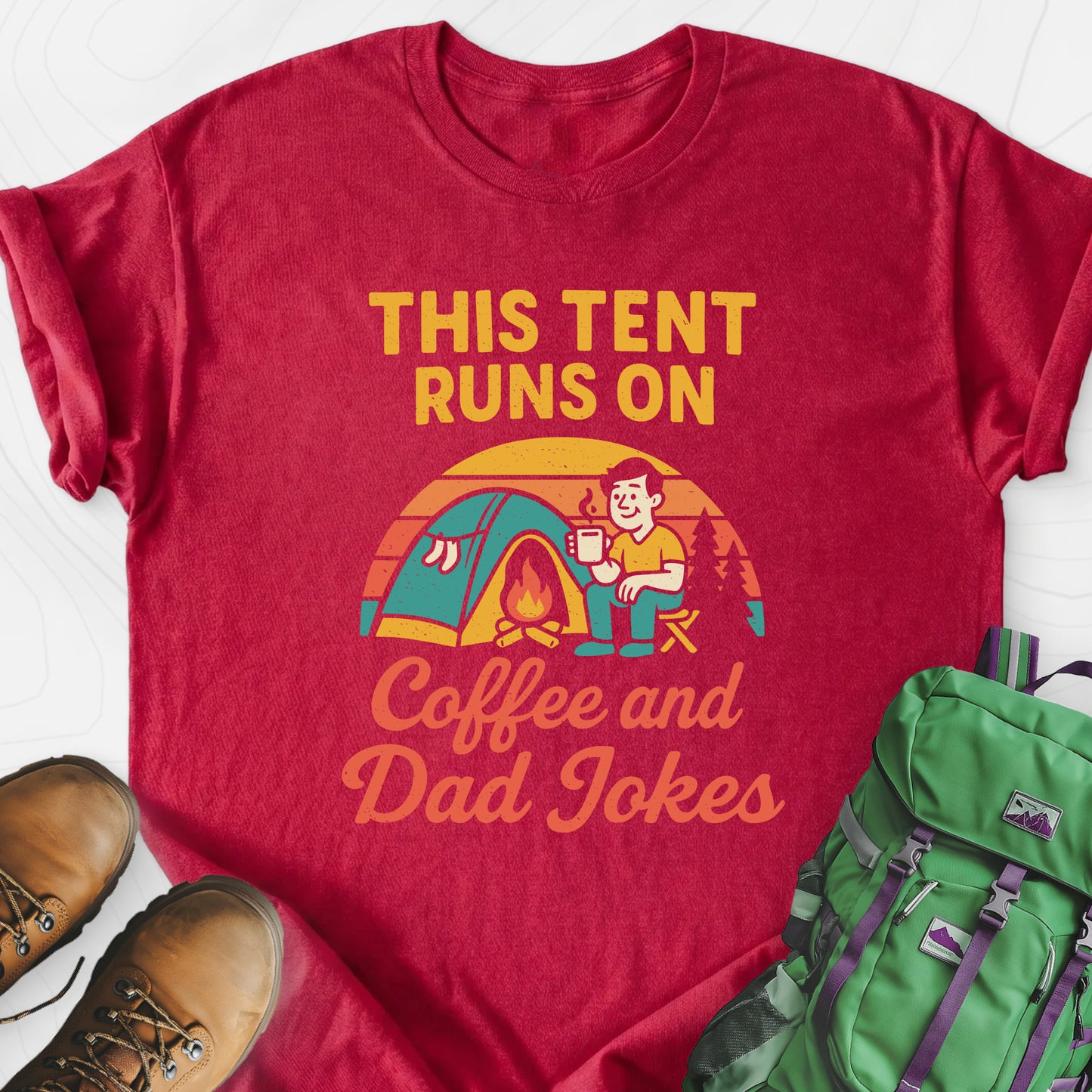 This Tent Runs on Dad Jokes Heather Red front print lightweight T-shirt