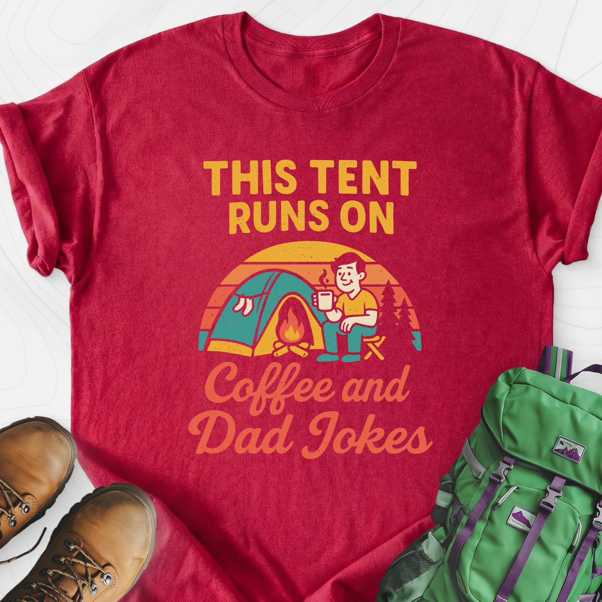 This Tent Runs on Dad Jokes Heather Red front print lightweight T-shirt