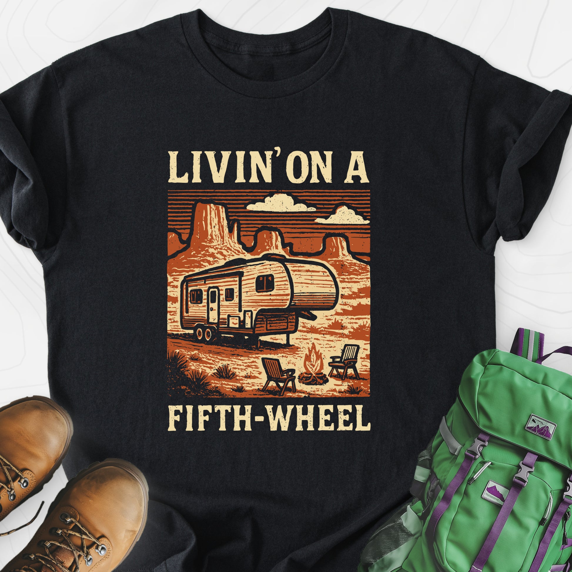 Livin’ on a Fifth-Wheel Black front print lightweight T-shirt