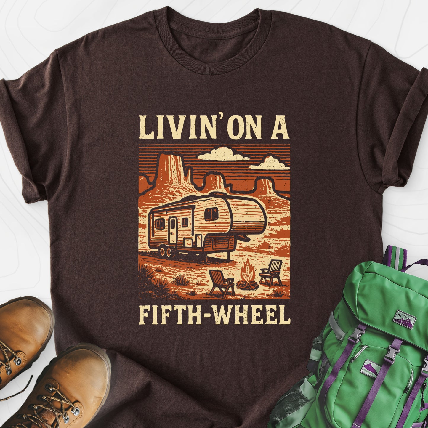 Livin’ on a Fifth-Wheel Dark Chocolate front print lightweight T-shirt