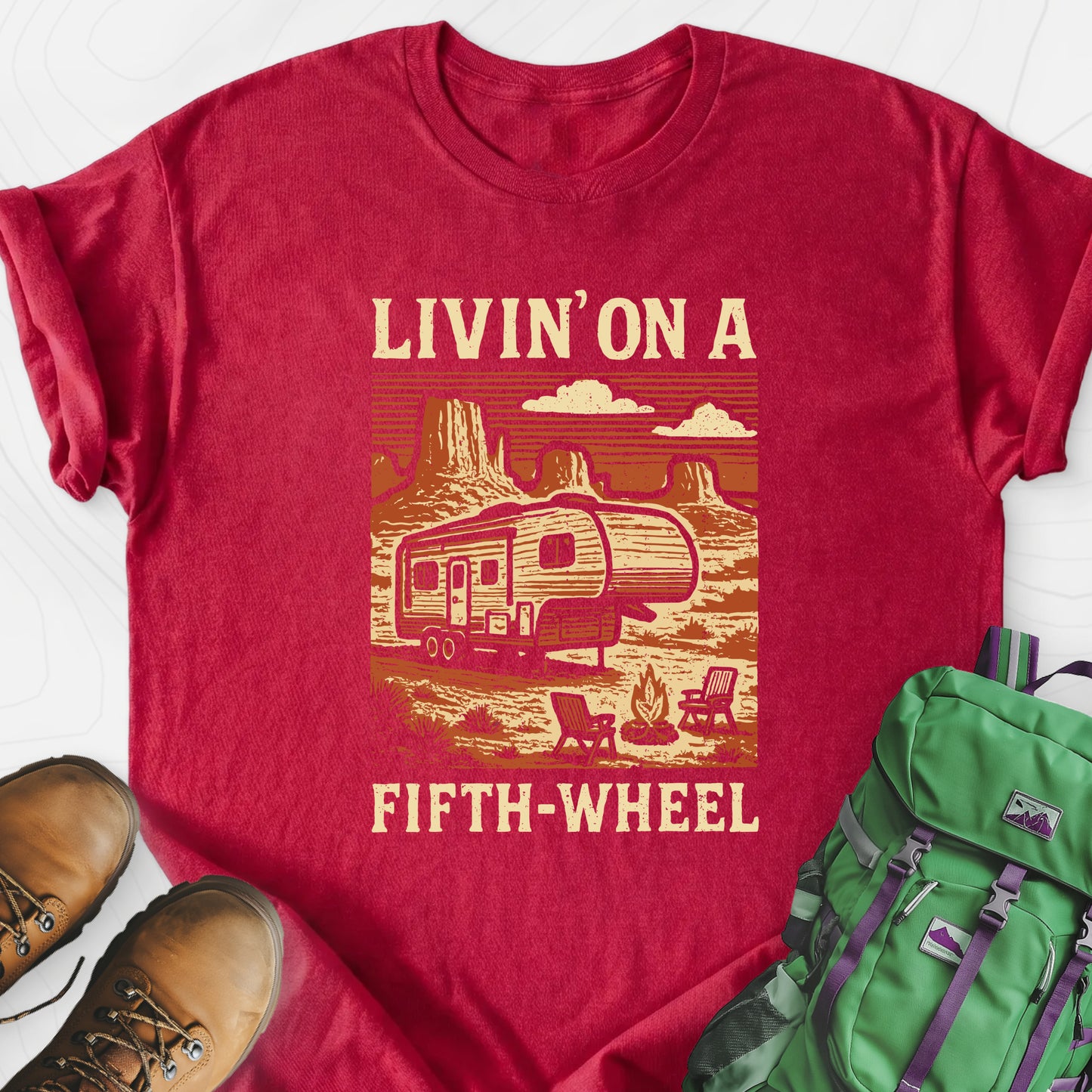 Livin’ on a Fifth-Wheel Heather Red front print lightweight T-shirt