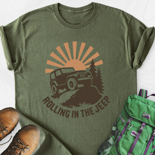 Rolling in the Jeep Military Green front print lightweight T-shirt