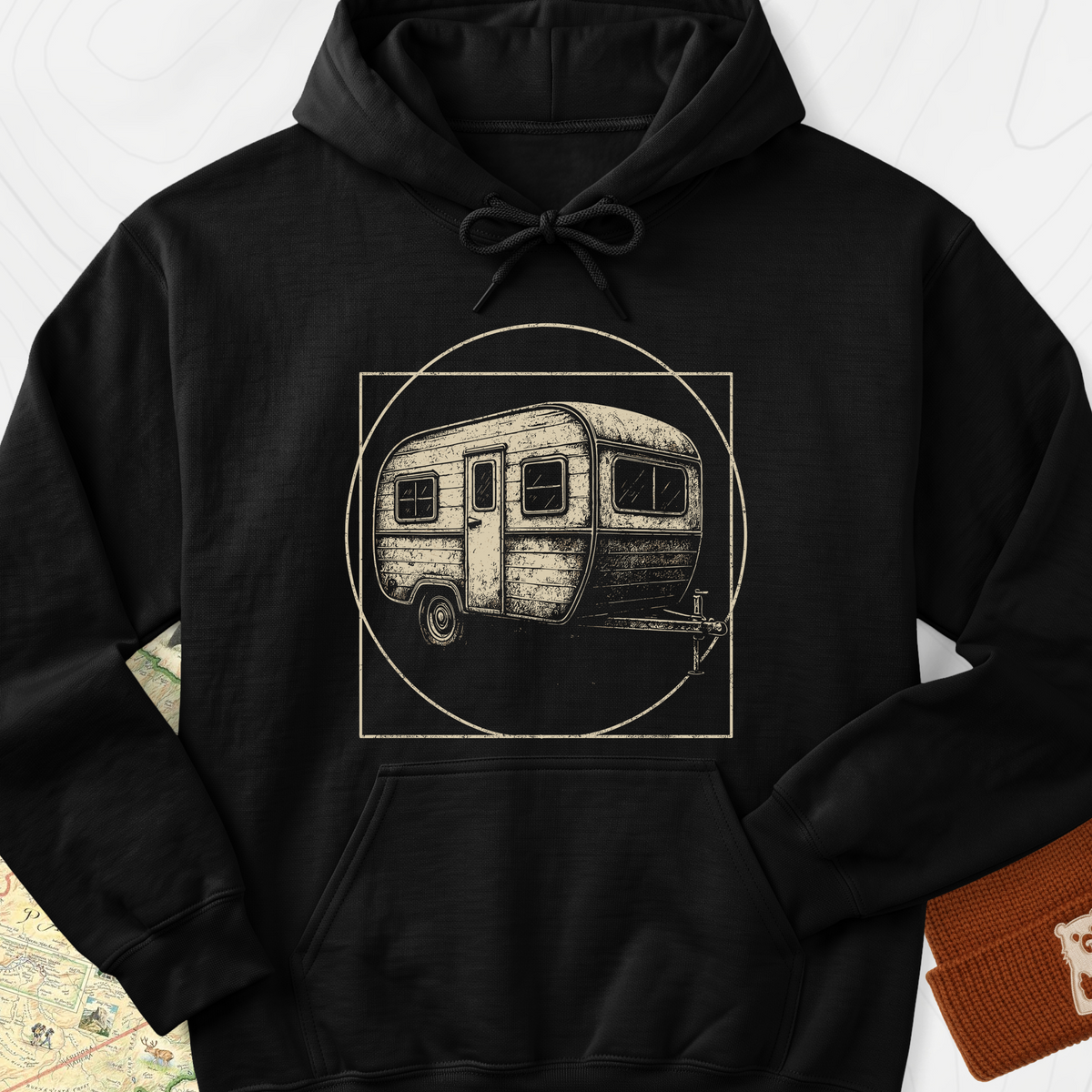Vintage Camper Sketch Hoodie - Black