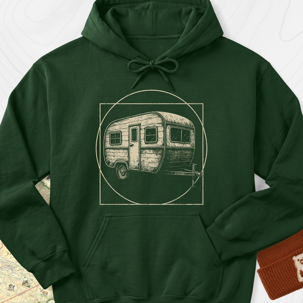 Vintage Camper Sketch Hoodie - Forest Green
