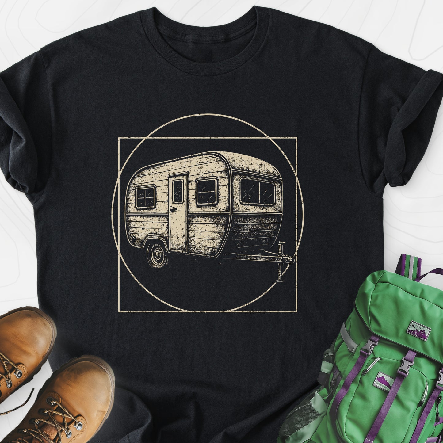 Vintage Camper Sketch Black front print lightweight T-shirt
