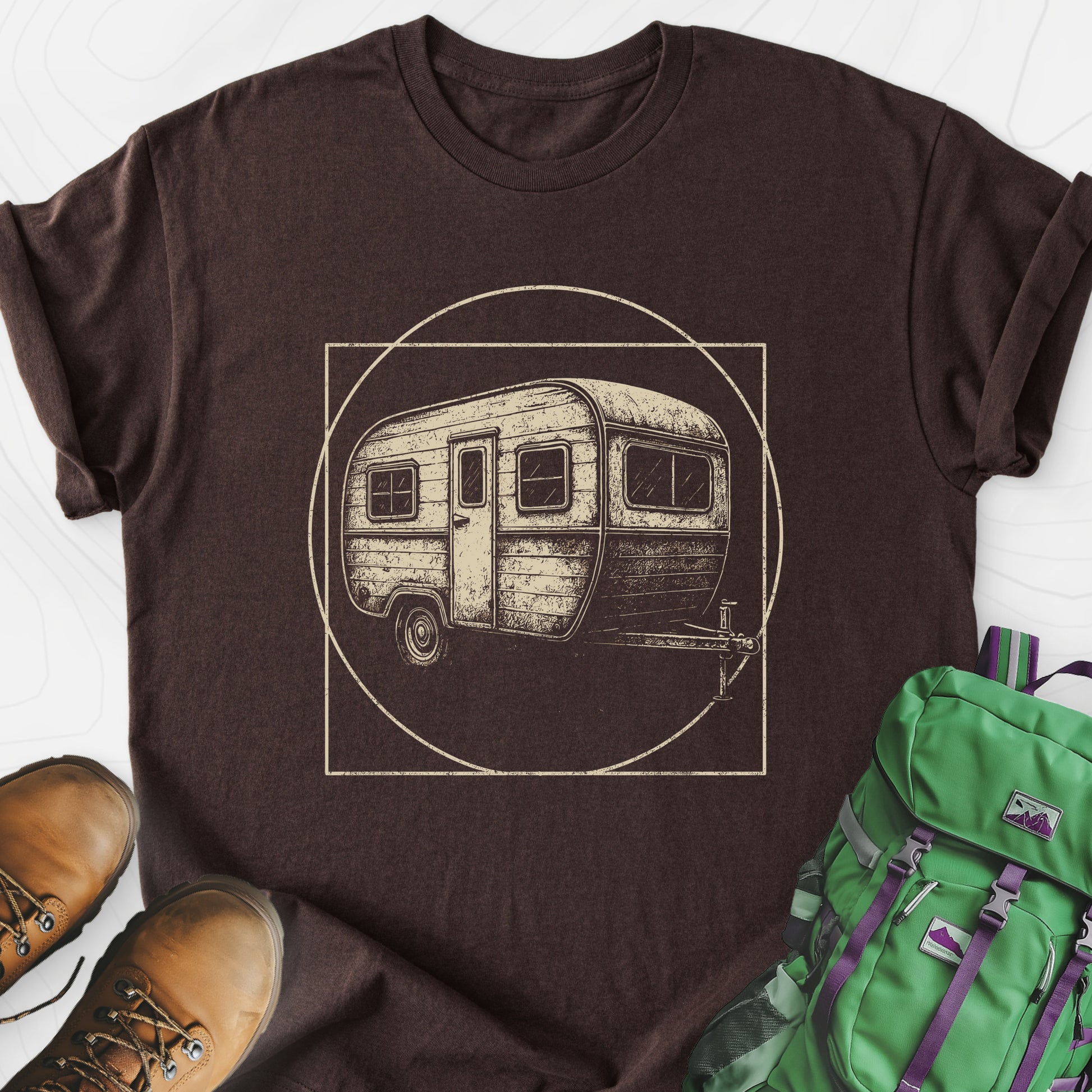 Vintage Camper Sketch Dark Chocolate front print lightweight T-shirt