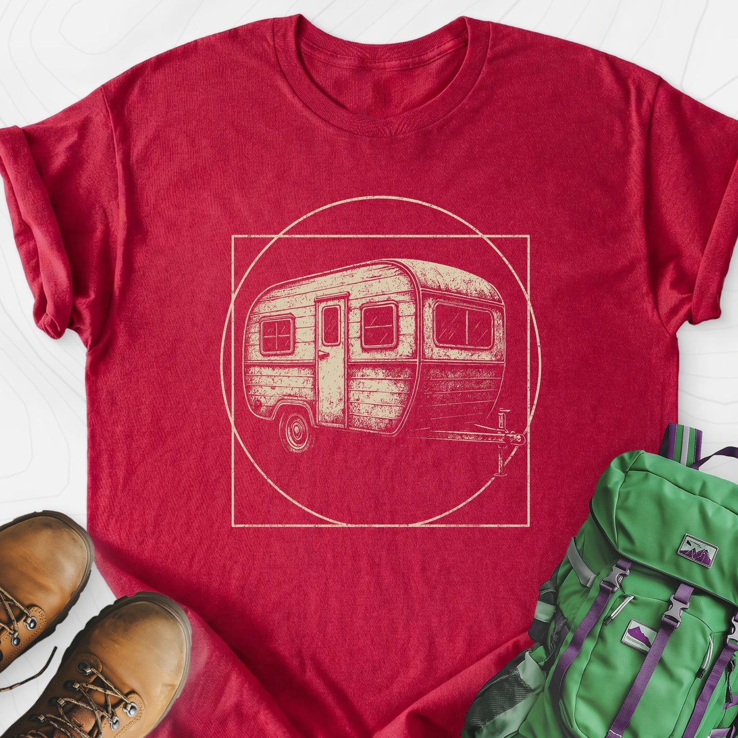 Vintage Camper Sketch Heather Red front print lightweight T-shirt