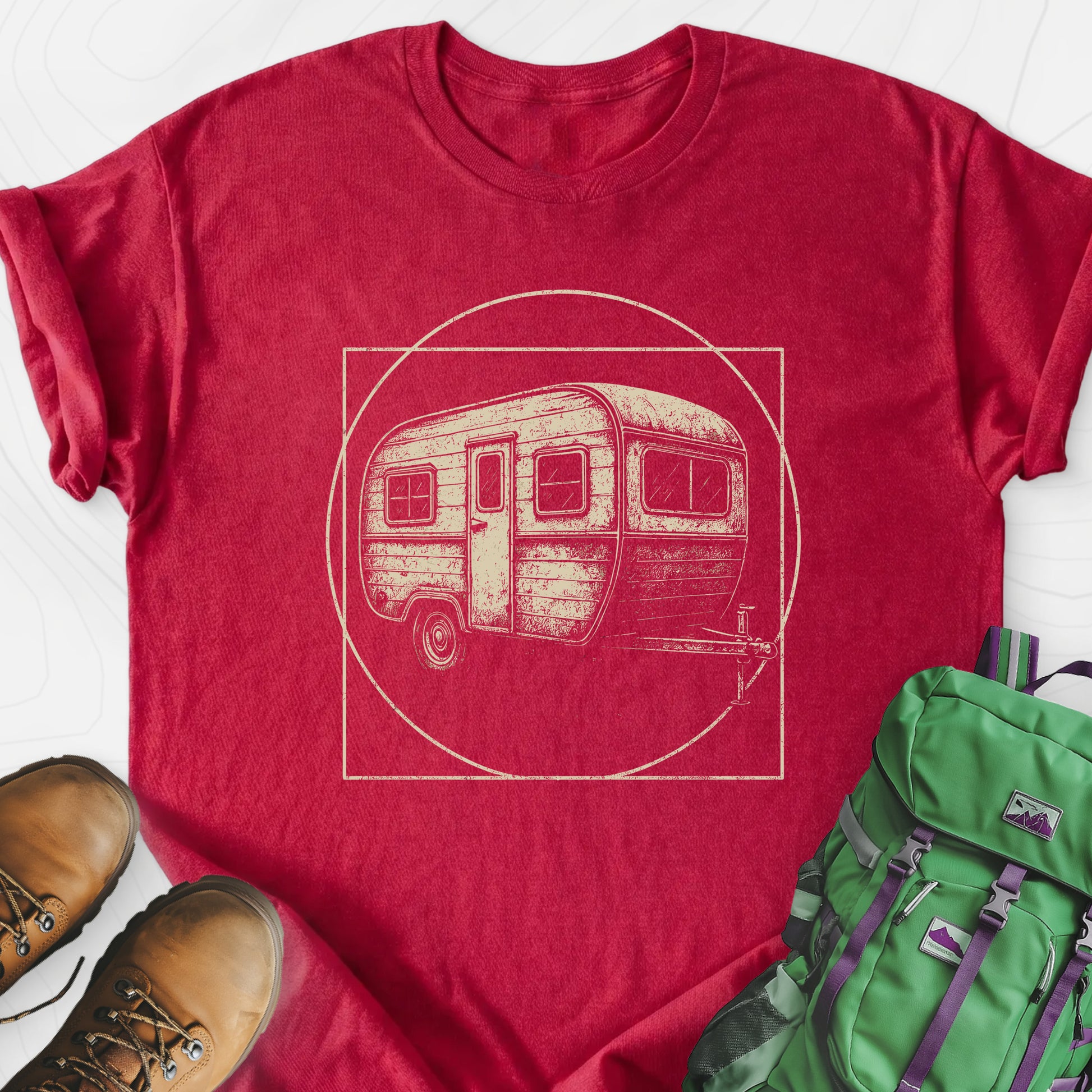 Vintage Camper Sketch Heather Red front print lightweight T-shirt