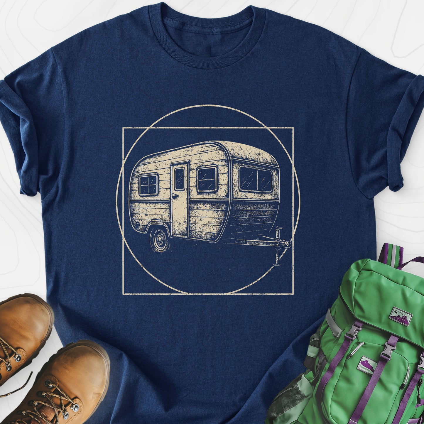 Vintage Camper Sketch Navy front print lightweight T-shirt