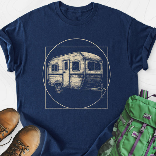 Vintage Camper Sketch Navy front print lightweight T-shirt