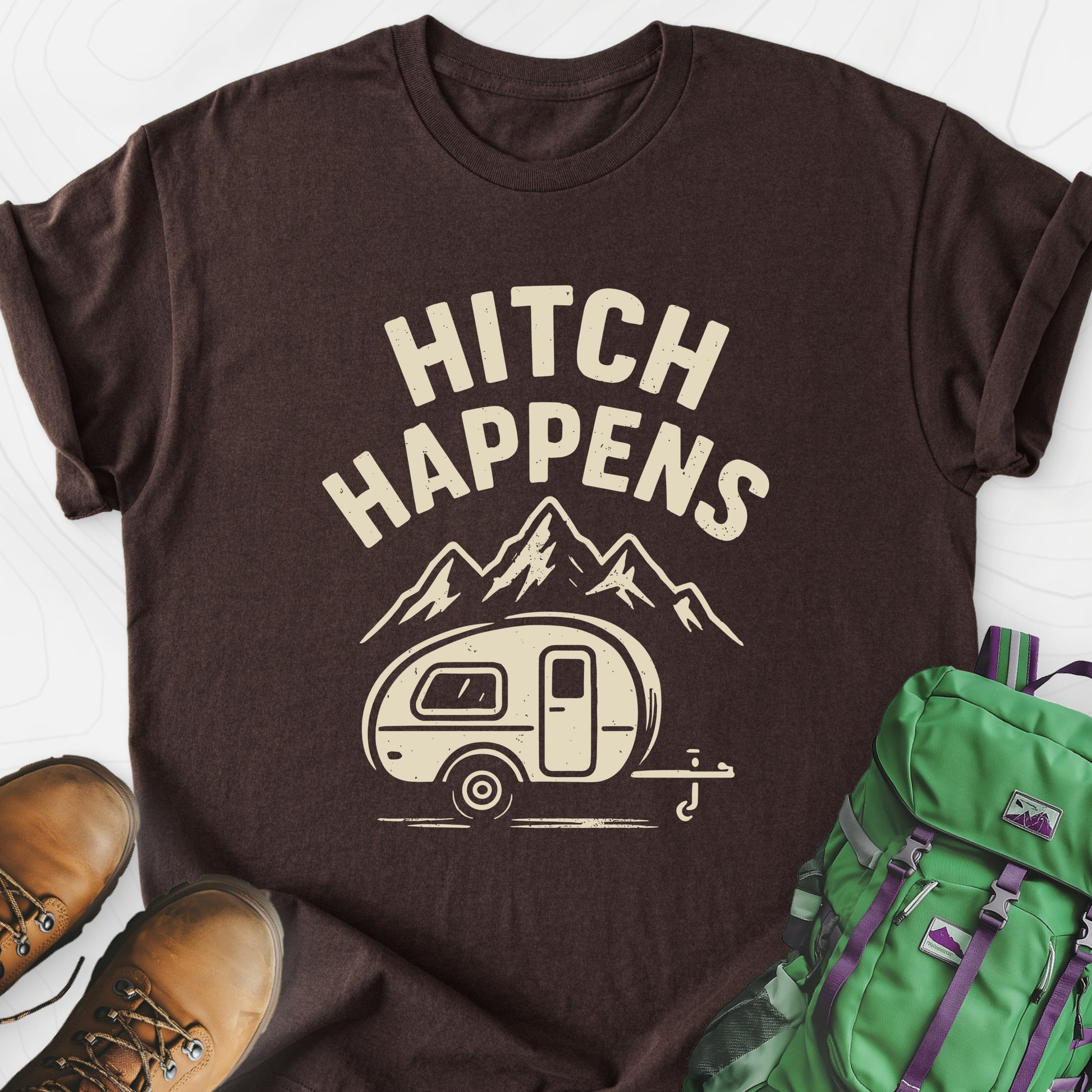 Hitch Happens Dark Chocolate front print lightweight T-shirt
