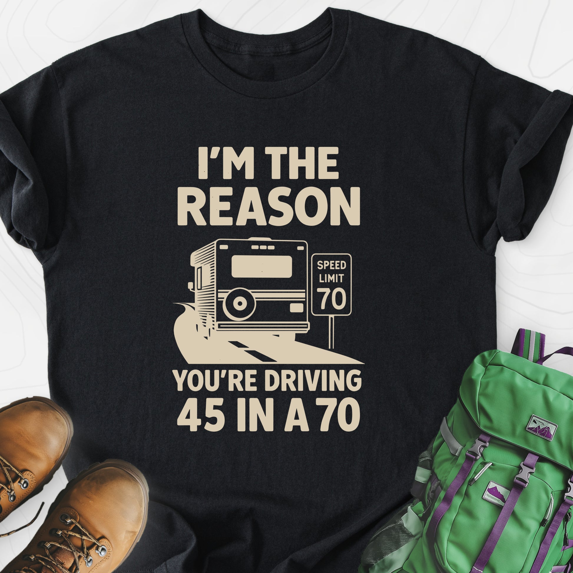 Driving 45 in a 70 Black front print lightweight T-shirt
