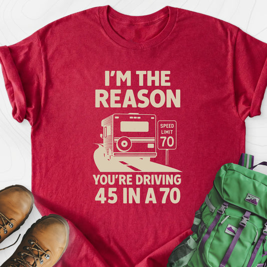 Driving 45 in a 70 Heather Red front print lightweight T-shirt