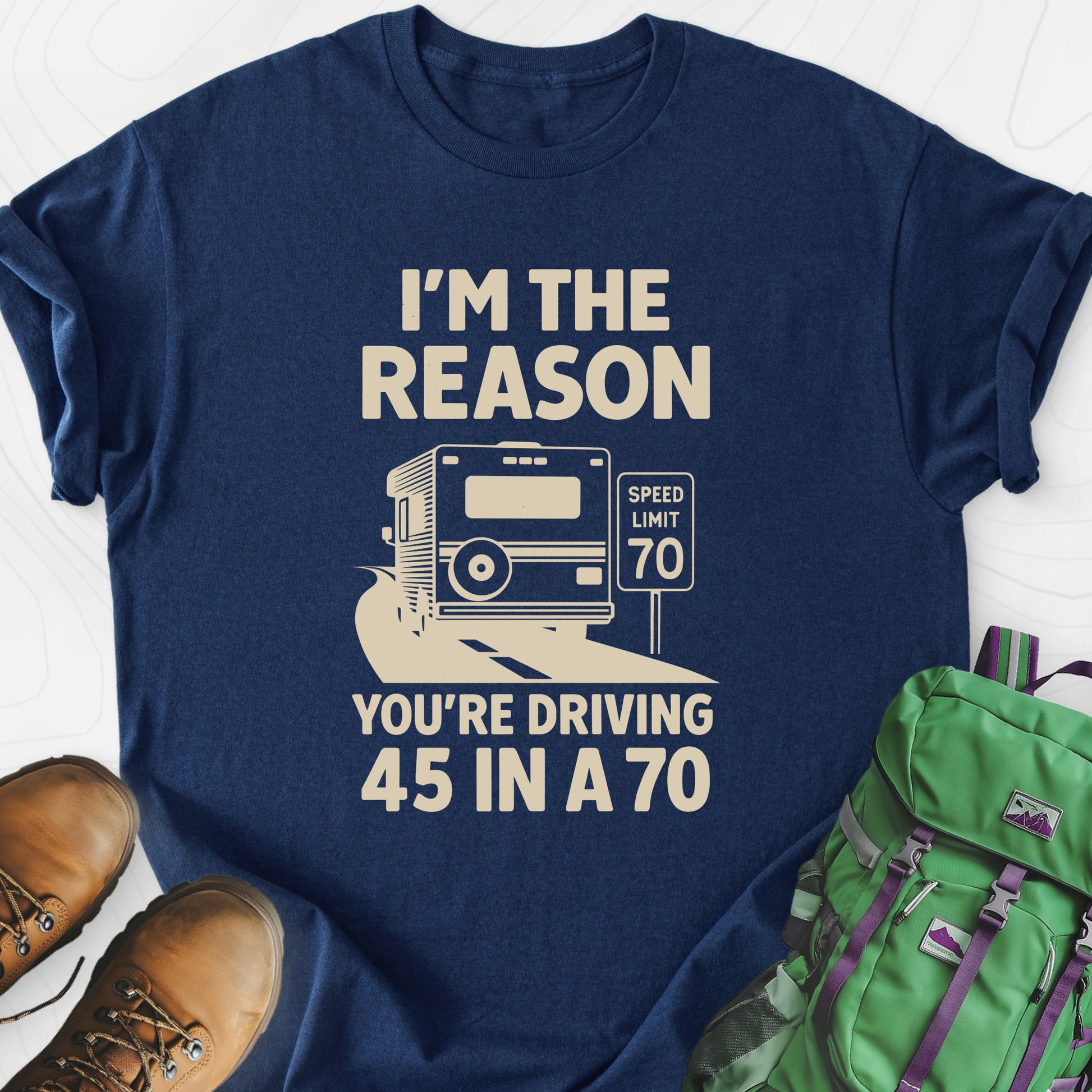 Driving 45 in a 70 Navy front print lightweight T-shirt