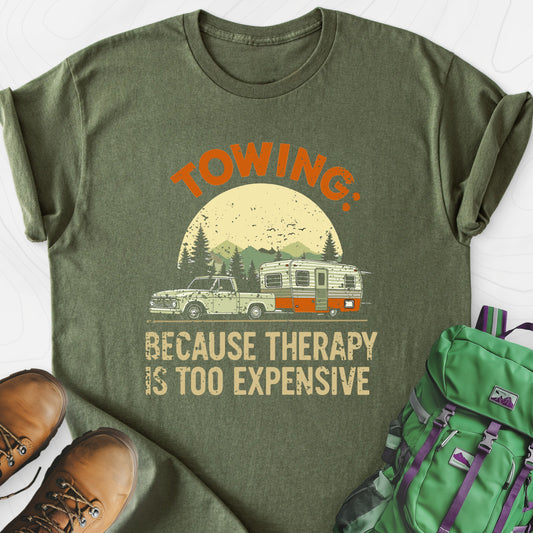 Therapy is Too Expensive Military Green front print lightweight T-shirt
