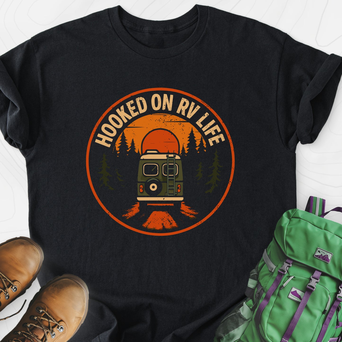 Hooked on RV Life Black front print lightweight T-shirt