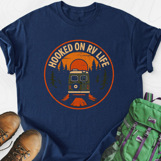 Hooked on RV Life Navy front print lightweight T-shirt