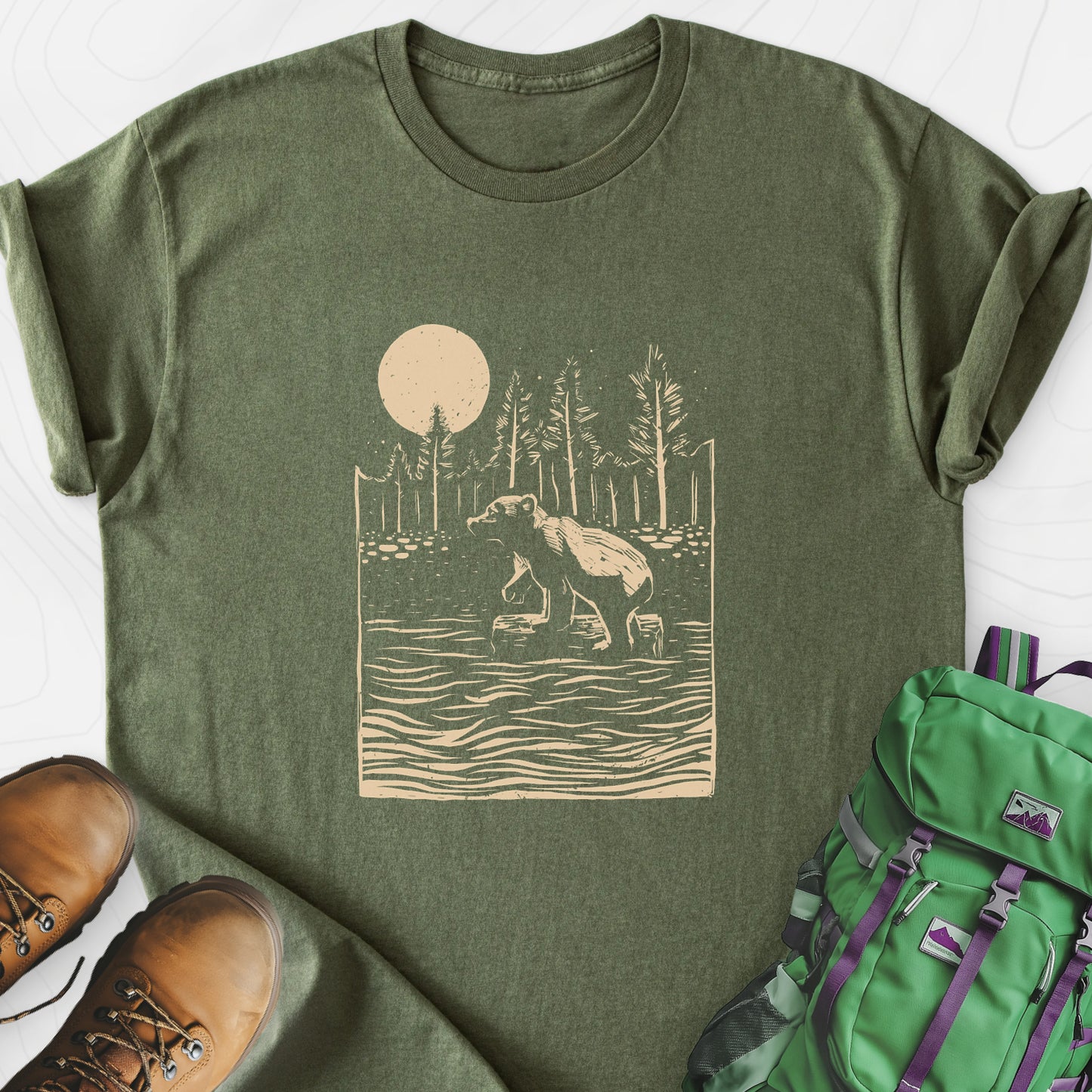 Roaming Bear Military Green front print lightweight T-shirt
