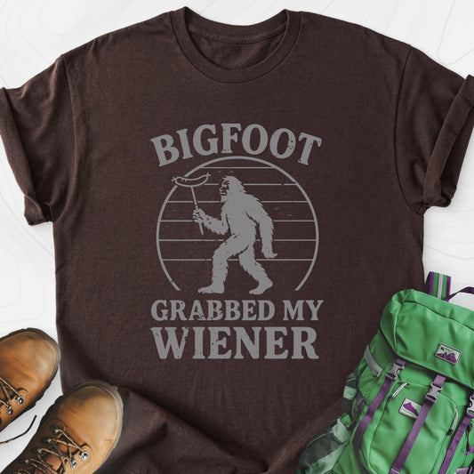Bigfoot Grabbed My Wiener Dark Chocolate front print lightweight T-shirt