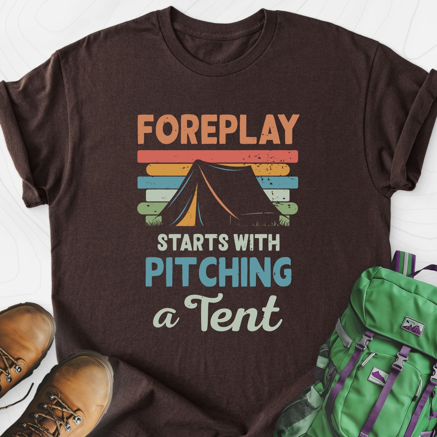 Pitching a Tent Dark Chocolate front print lightweight T-shirt