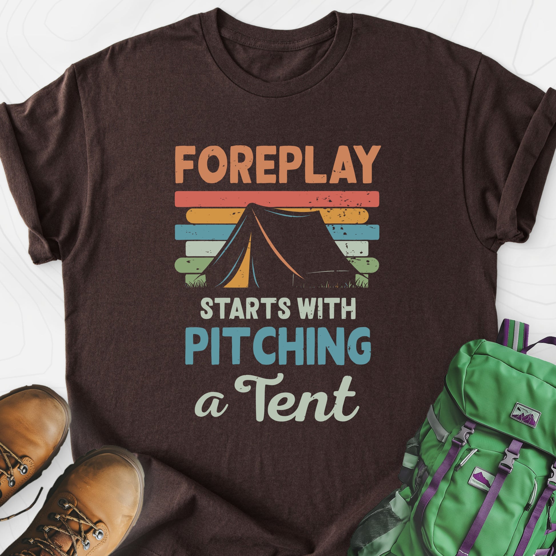 Pitching a Tent Dark Chocolate front print lightweight T-shirt