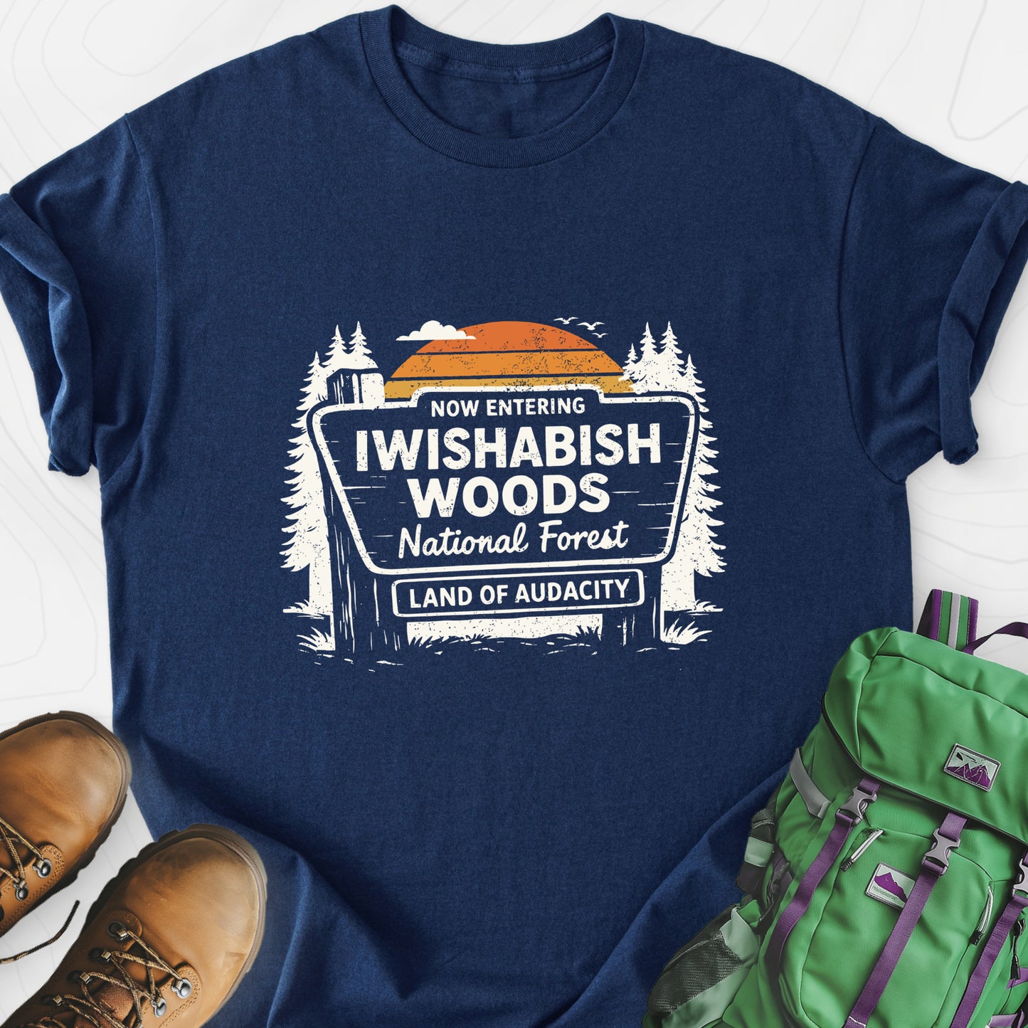 Iwishabish Woods Navy front print lightweight T-shirt