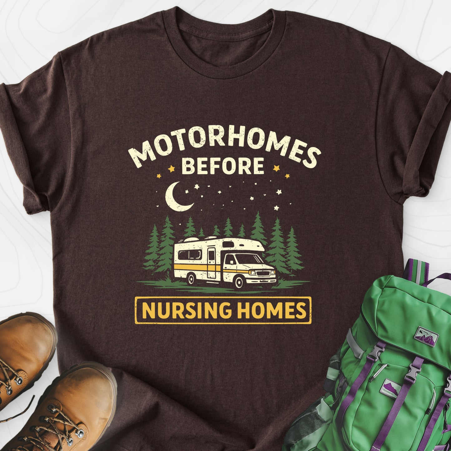 Motorhomes Before Nursing Homes Dark Chocolate front print lightweight T-shirt