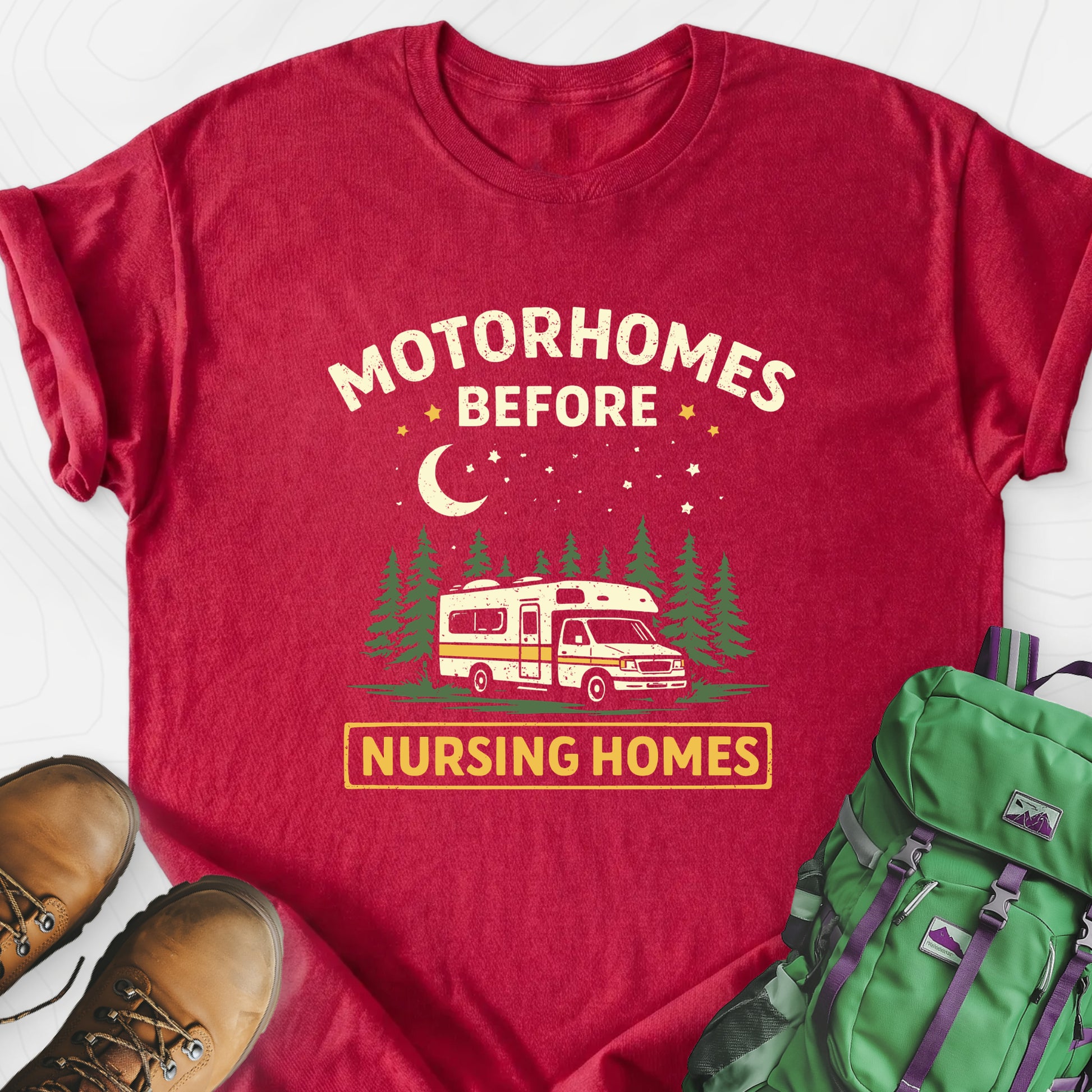 Motorhomes Before Nursing Homes Heather Red front print lightweight T-shirt