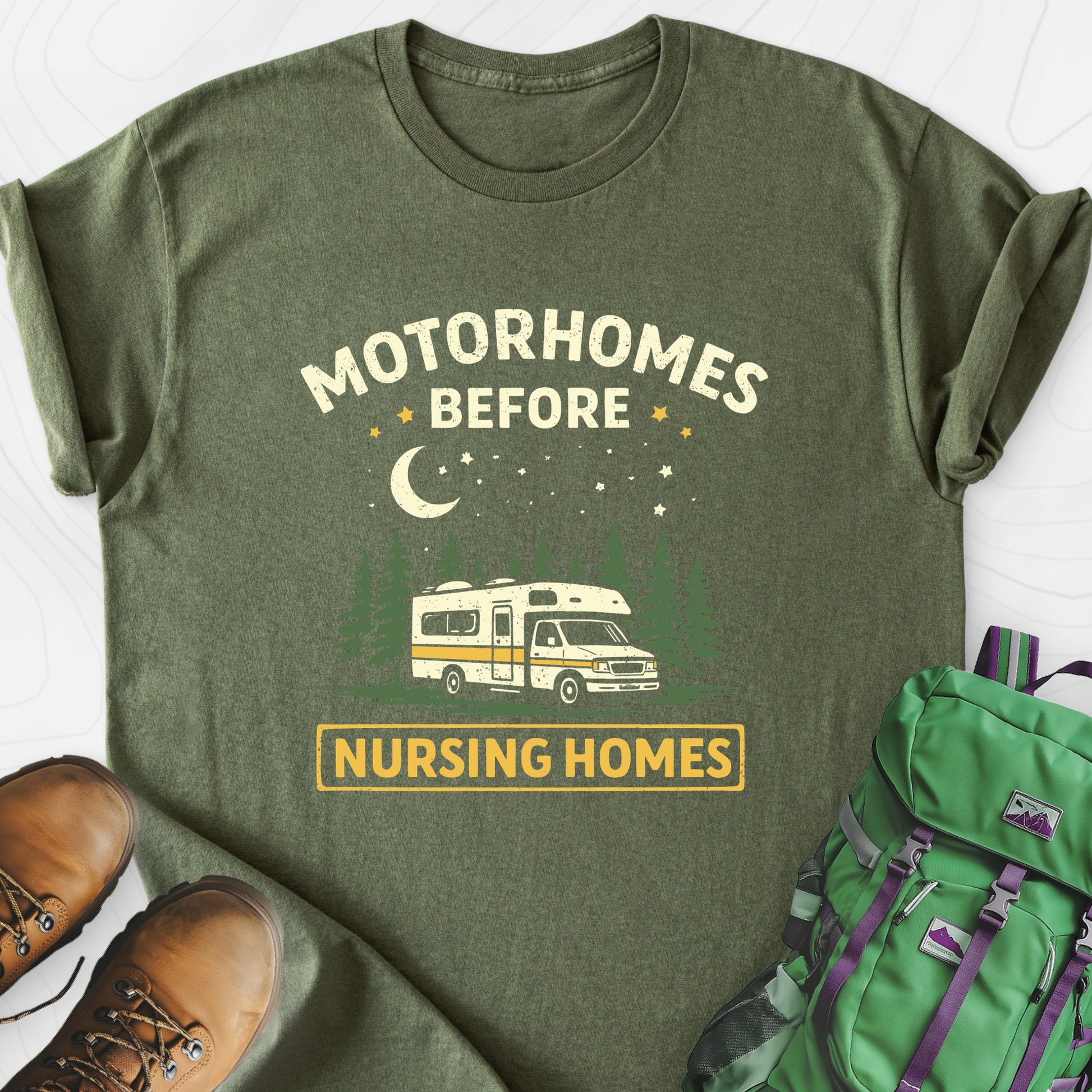 Motorhomes Before Nursing Homes Military Green front print lightweight T-shirt