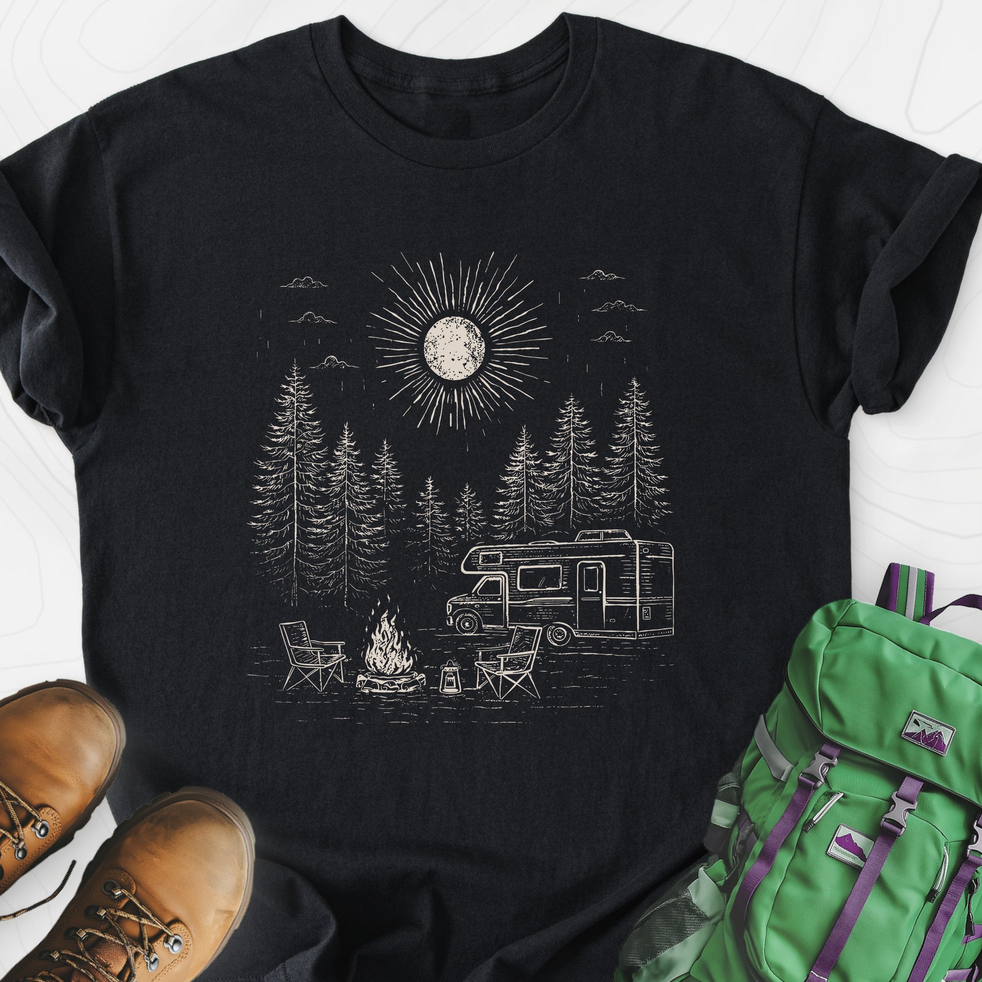 Midnight Campfire Escape Black front print lightweight T-shirt