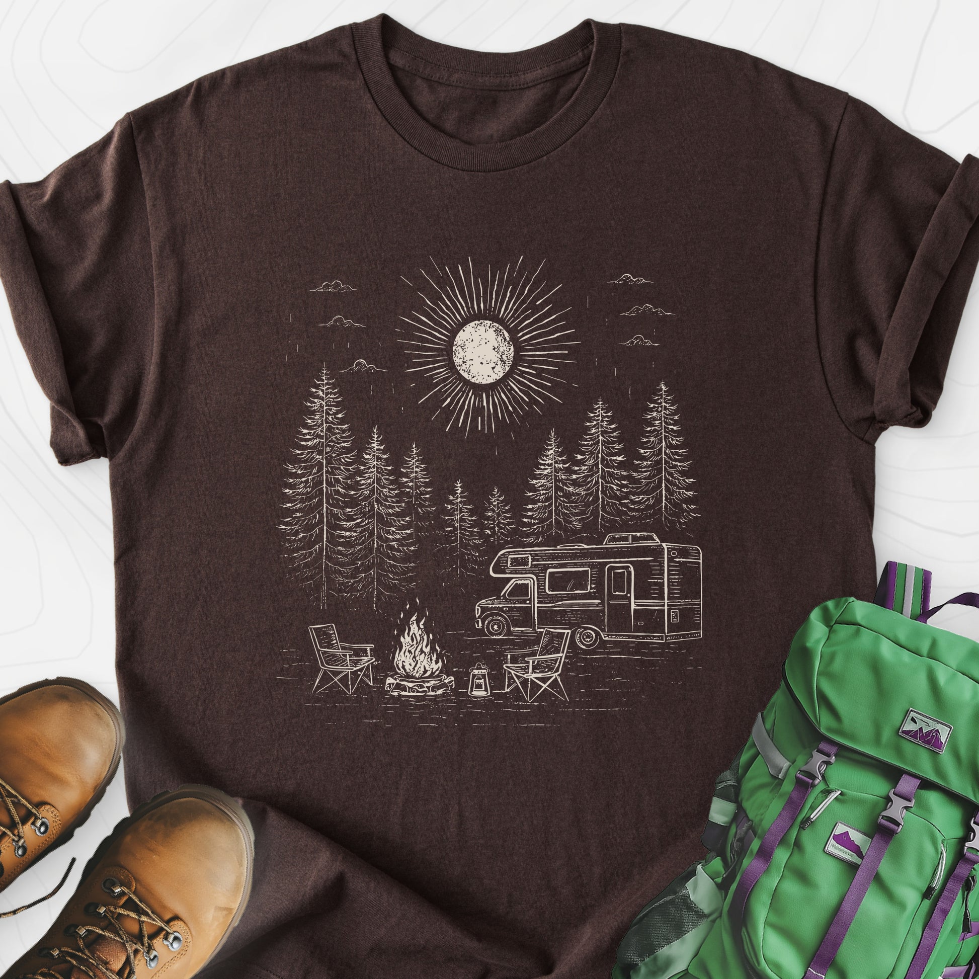 Midnight Campfire Escape Dark Chocolate front print lightweight T-shirt
