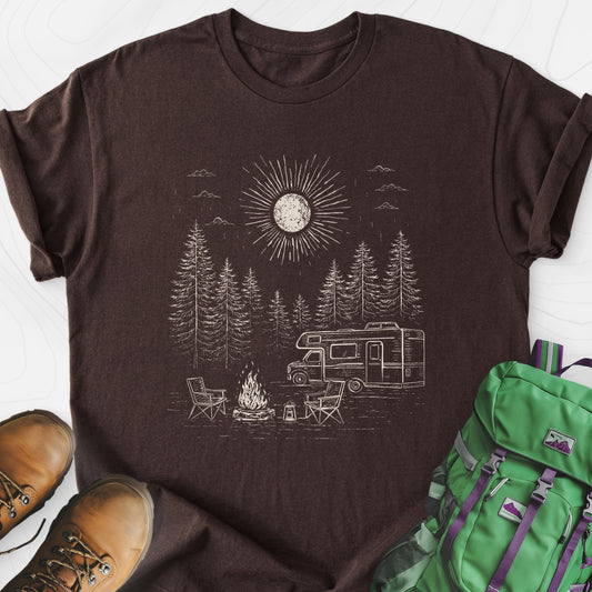 Midnight Campfire Escape Dark Chocolate front print lightweight T-shirt
