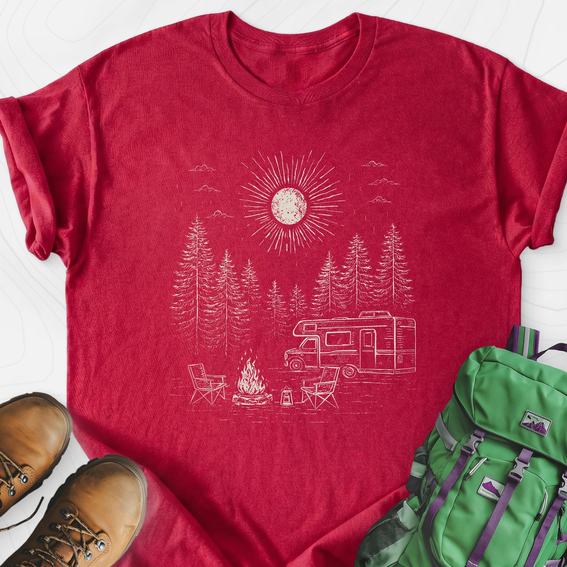 Midnight Campfire Escape Heather Red front print lightweight T-shirt
