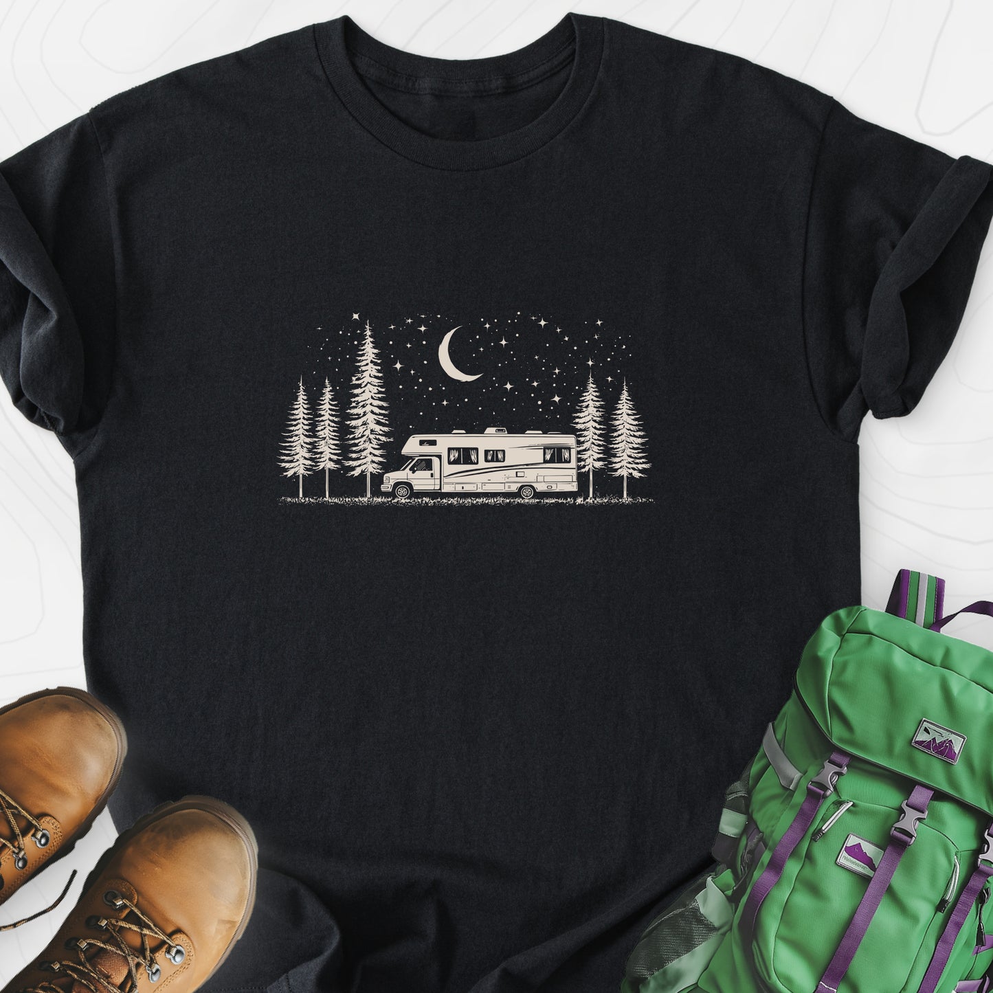 Moonlit RV Nights Black front print lightweight T-shirt