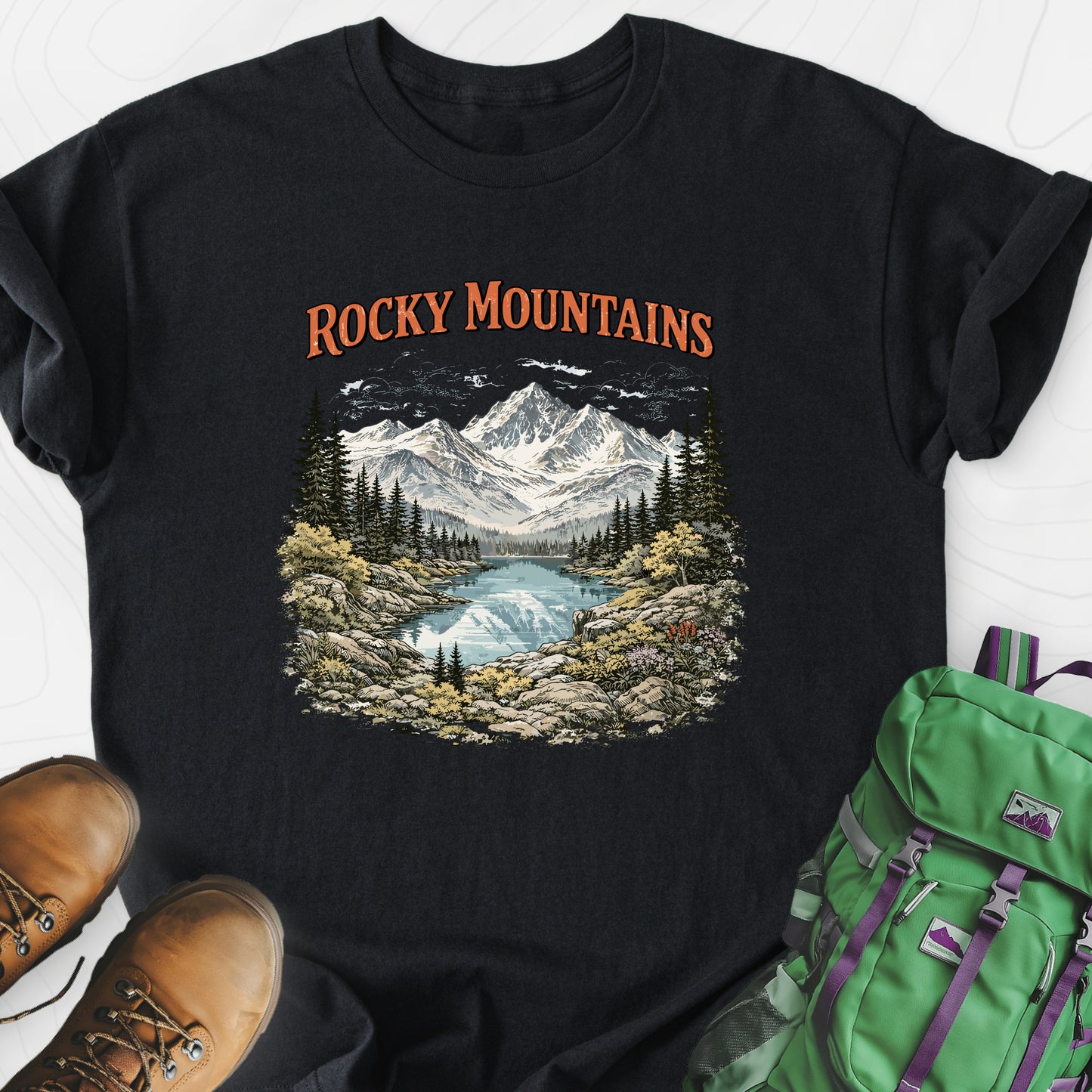 Rocky Mountain Escape Black front print lightweight T-shirt