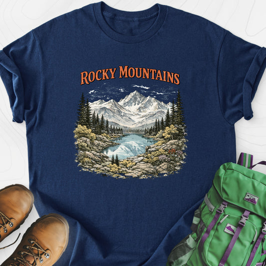 Rocky Mountain Escape Navy front print lightweight T-shirt