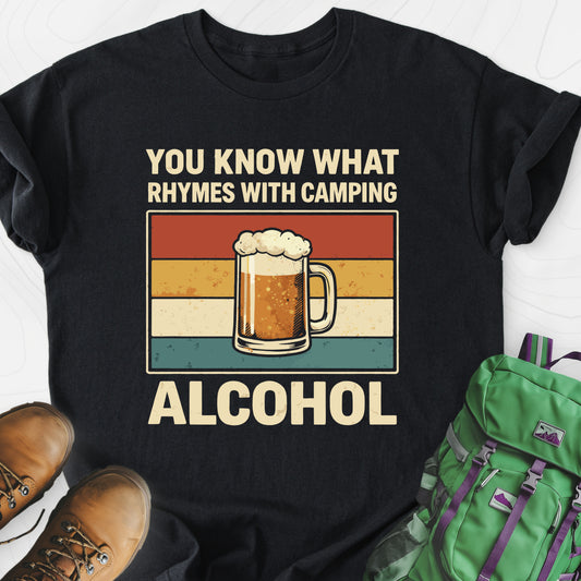 Camping Rhymes With Alcohol Black front print lightweight T-shirt