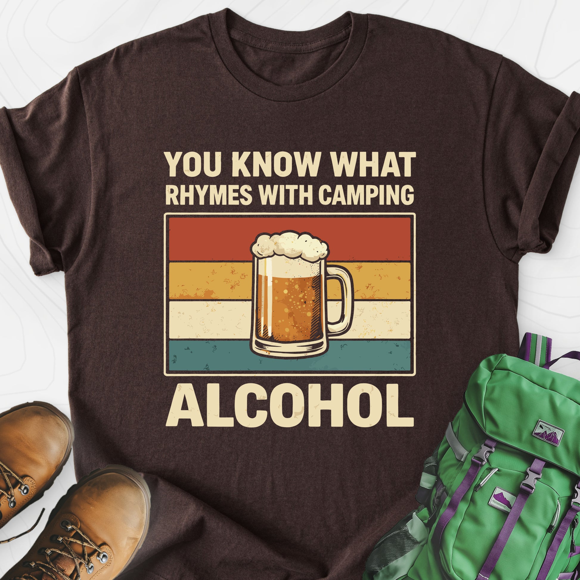 Camping Rhymes With Alcohol Dark Chocolate front print lightweight T-shirt