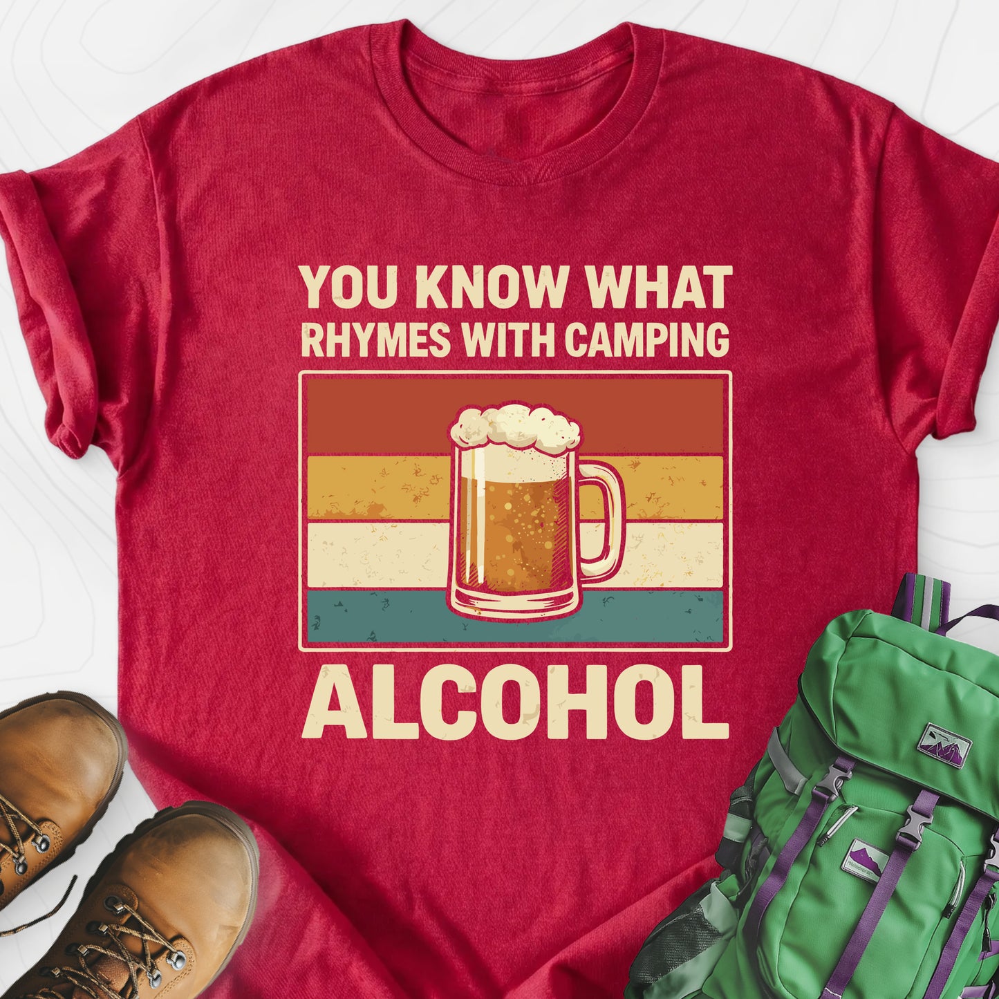Camping Rhymes With Alcohol Heather Red front print lightweight T-shirt