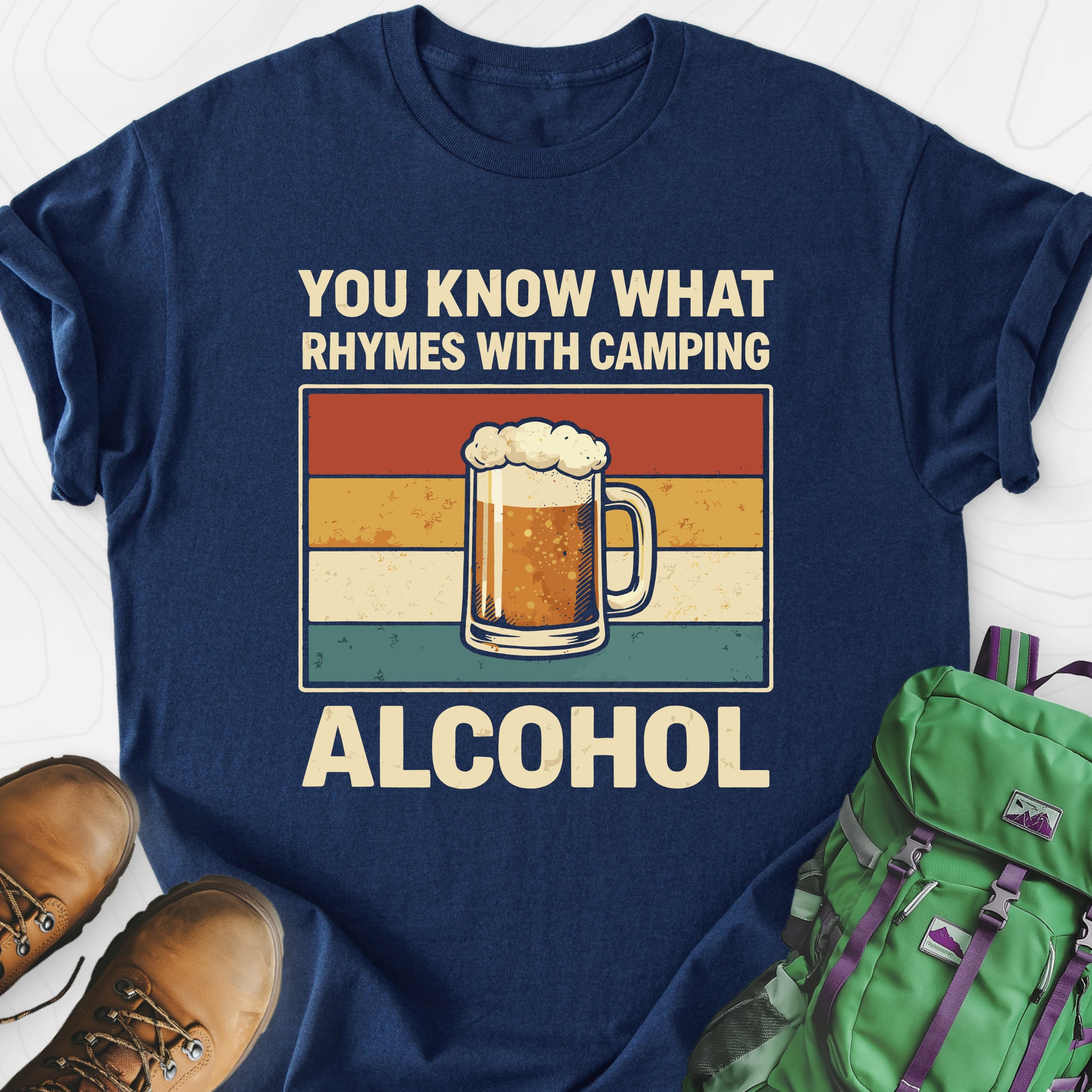 Camping Rhymes With Alcohol Navy front print lightweight T-shirt