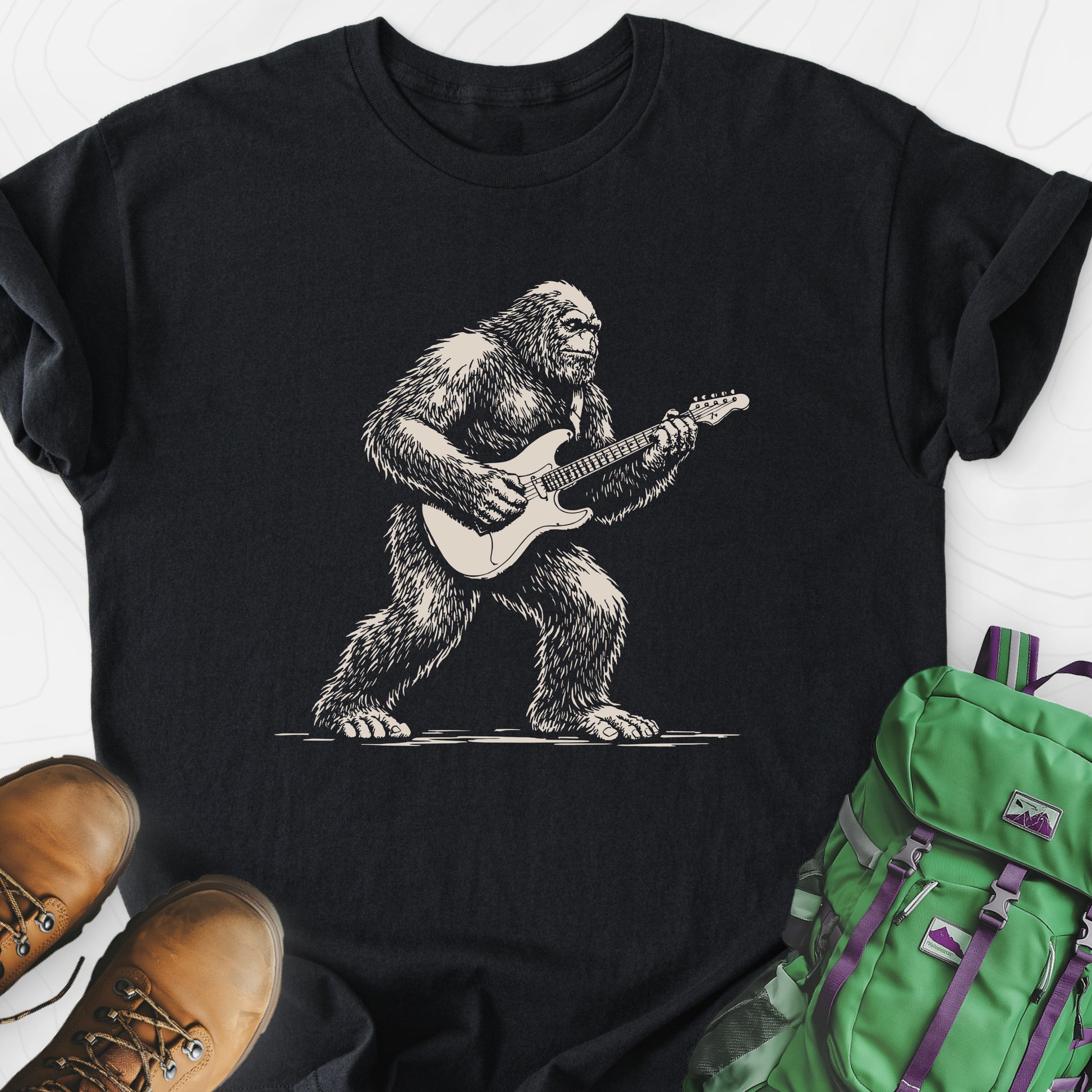 Bigfoot Guitar Solo Black front print lightweight T-shirt