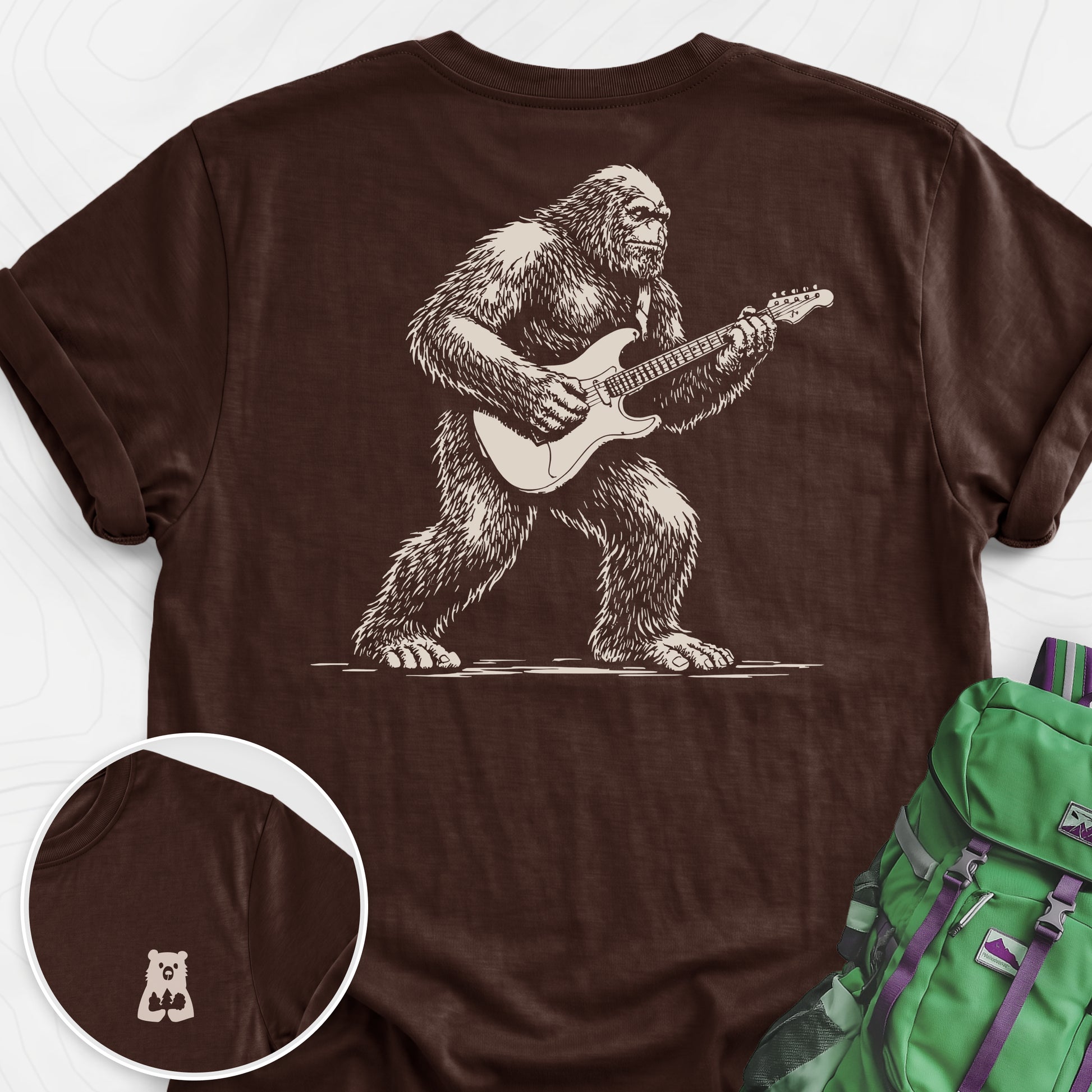 Bigfoot Guitar Solo Dark Chocolate back print lightweight T-shirt