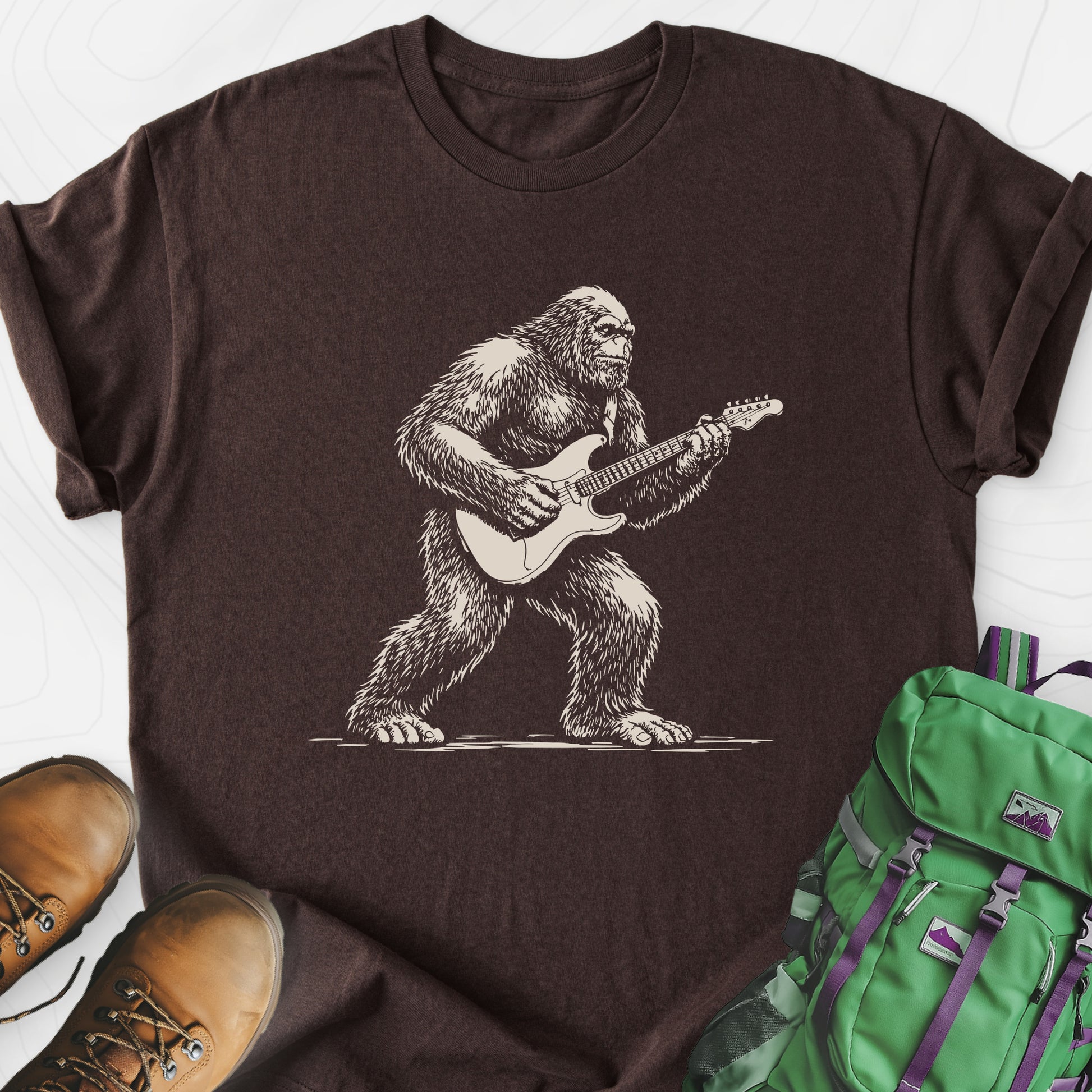 Bigfoot Guitar Solo Dark Chocolate front print lightweight T-shirt